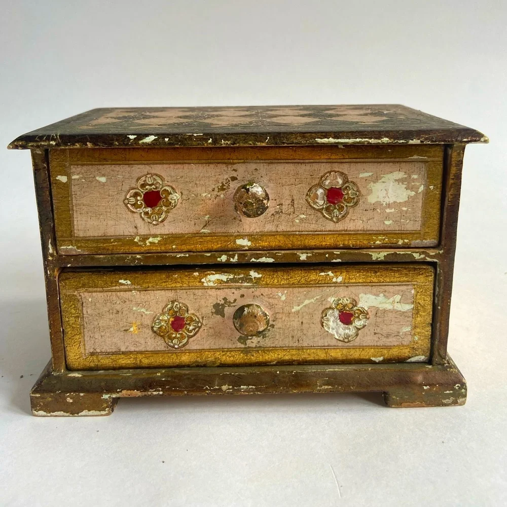 Vintage Florentine Italy 2 Drawer Cabinet Trinket Jewelry Box Handpainted Wooden - Picture 8 of 9